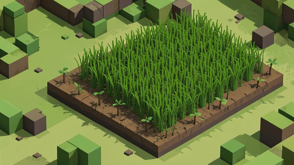 Cena da vistoria em arte voxel: Gramíneas exóticas avançando na borda