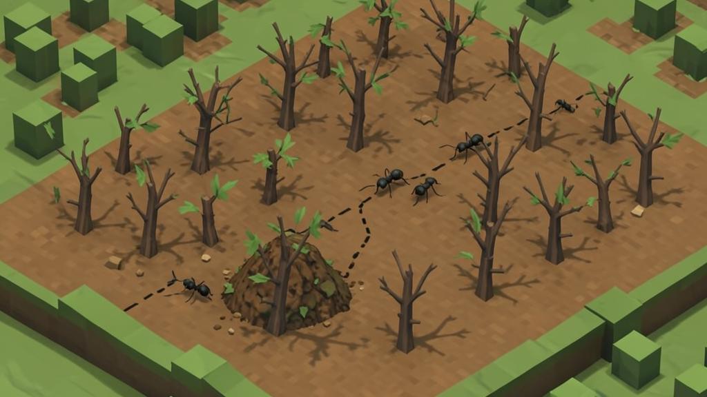 Cena da vistoria em arte voxel: Formigas cortadeiras em três parcelas